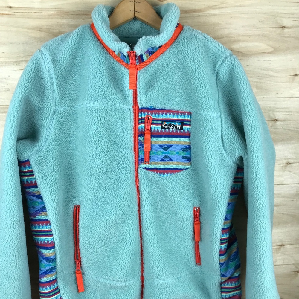VTG‎ Titicaca Fleece Jacket Turquoise Blue Aztec Full Zip Jacket Women's Large